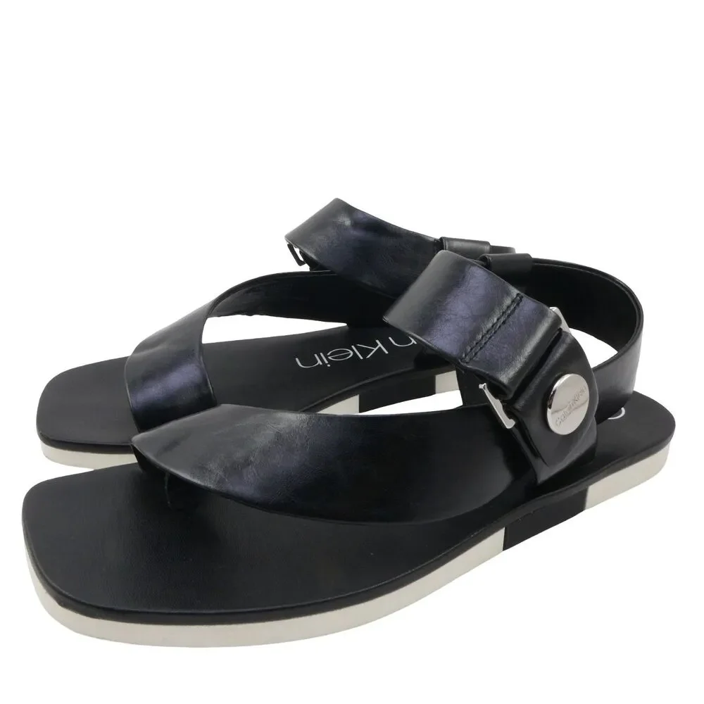 Calvin Klein Rikki Sandals Women's 9M Black Faux Leather Adjustable Snap Buckle